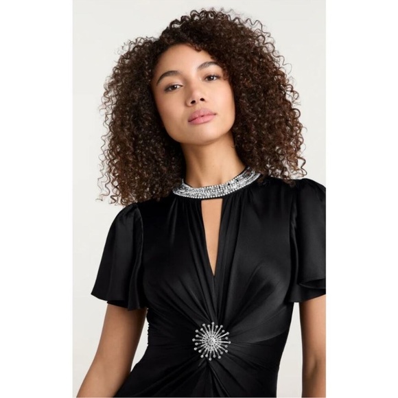 Cinq a Sept Sharma Midi Dress Silk Satin Twist Front Embellished Black - Picture 9 of 11